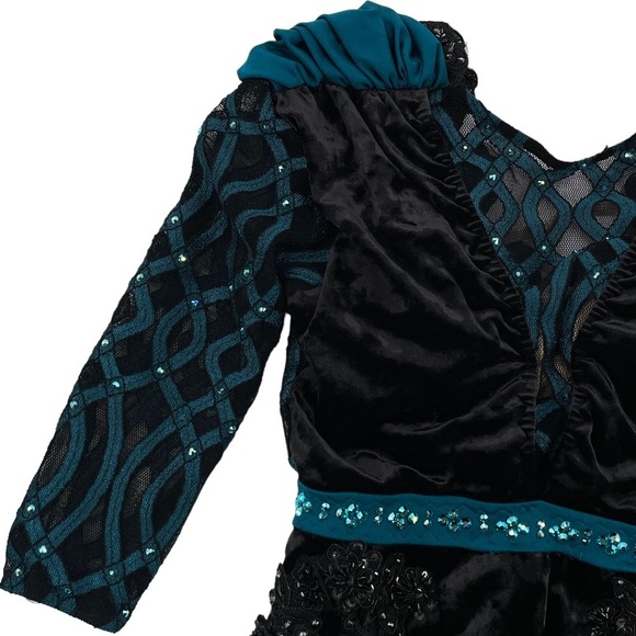 Competition Dance Solo Costume Black Velvet Leotard Teal Accent Rhinestones AXXS - Picture 9 of 14